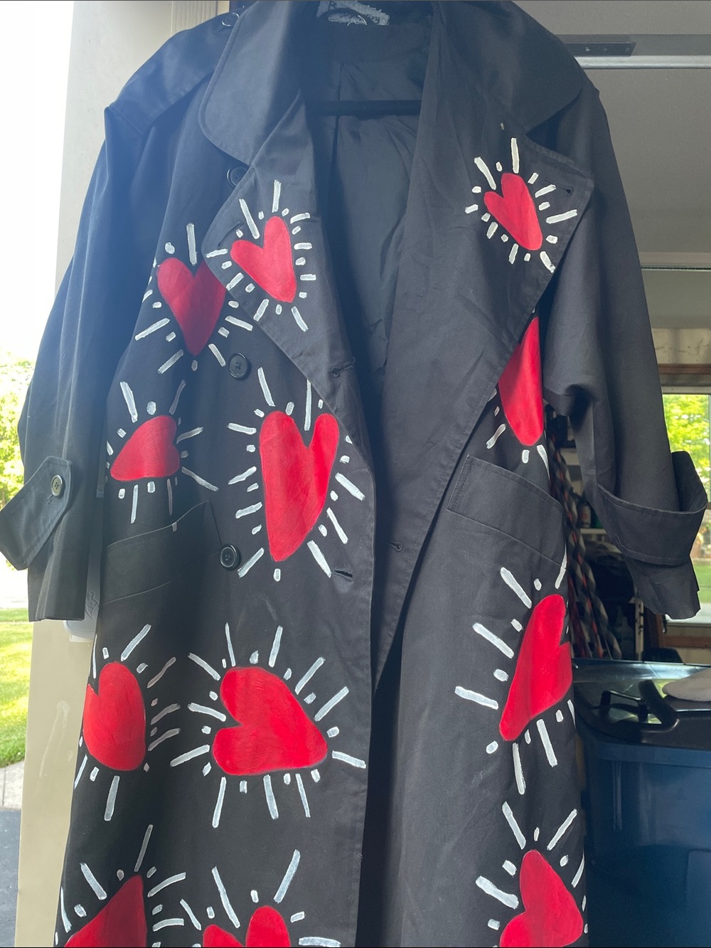 Bowsdontcry Black Trench Coat with Red Heart Graphics - Women's Jacket